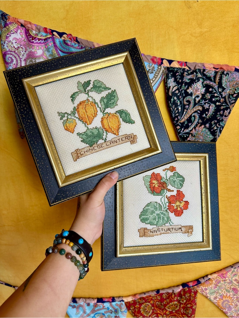 Framed Cross-Stitch Botanical Floral Pair - Yellow & Orange